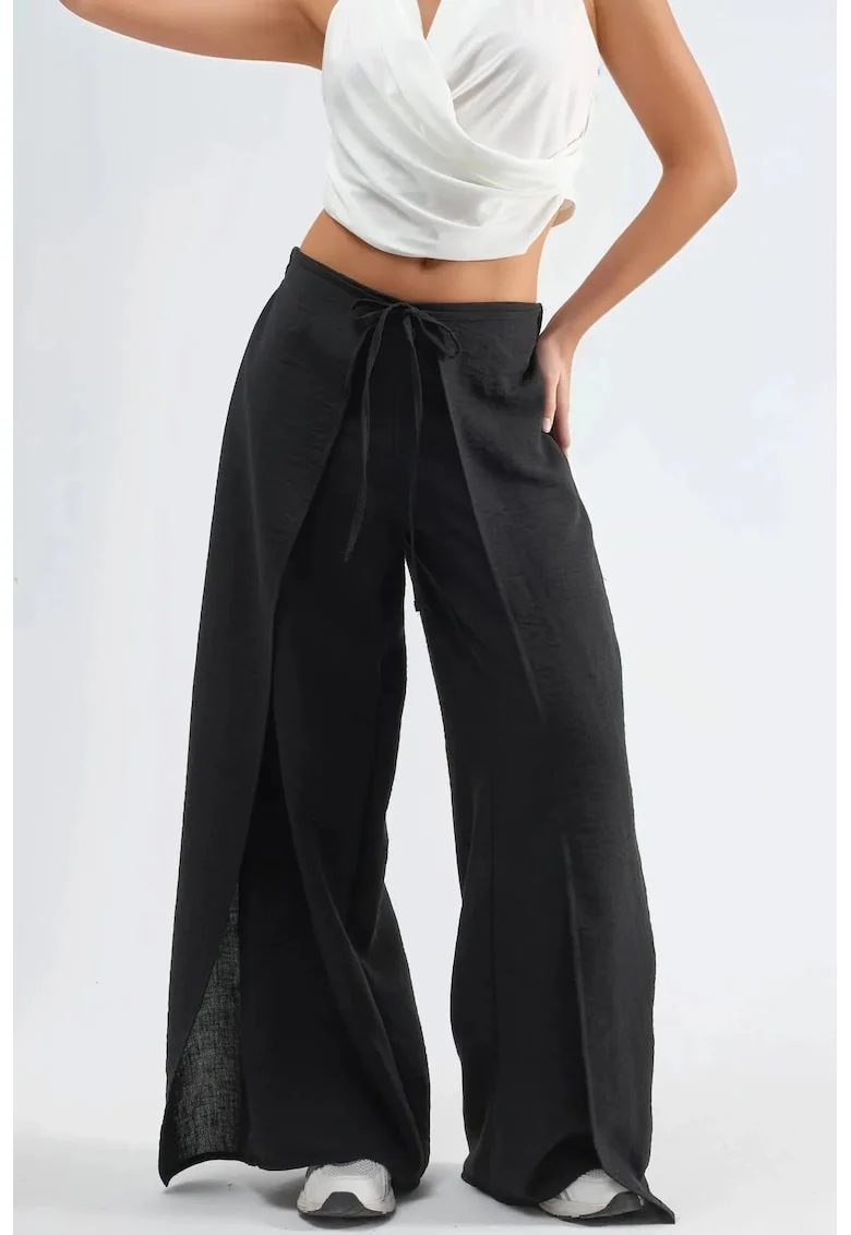 Pantaloni dama  din crep, talie cu snur, negru, poliester