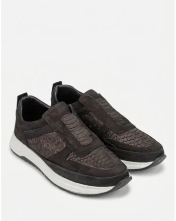 Pantofi barbati NUR din piele nabuc si croco neagra