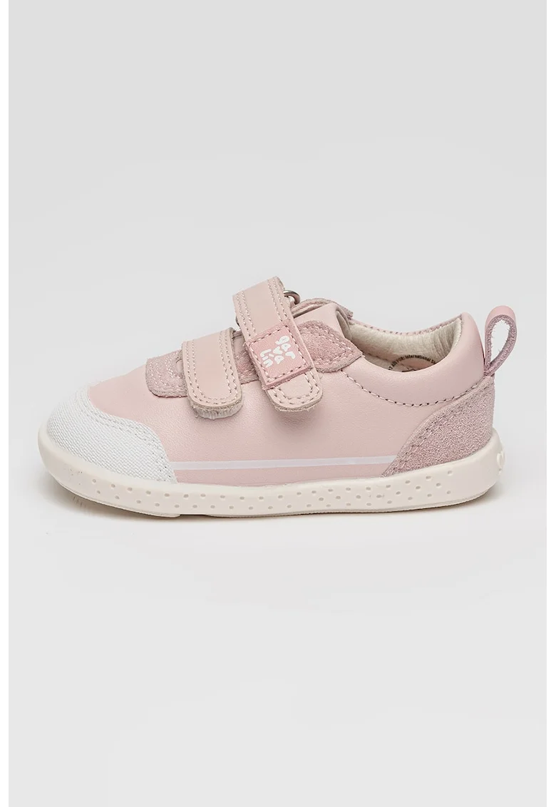 Pantofi sport de piele si piele intoarsa cu velcro, Alb optic/Roz prafuit