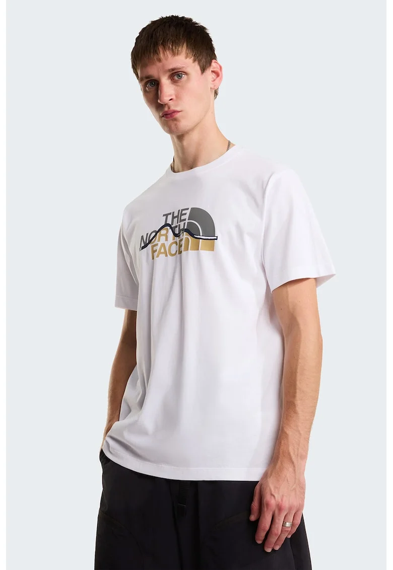 Tricou din bumbac Mountain Line, Alb/Gri inchis/Ocru