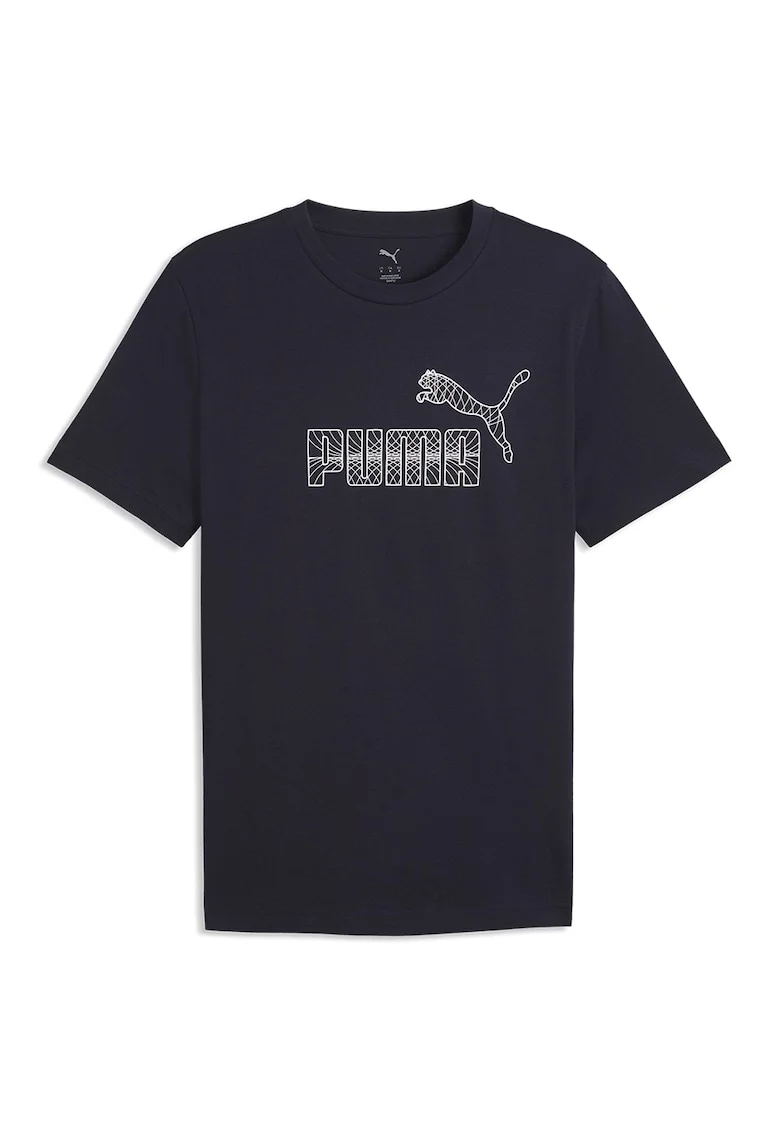 Tricou cu decolteu la baza gatului si imprimeu logo, Alb/Albastru ultramarin