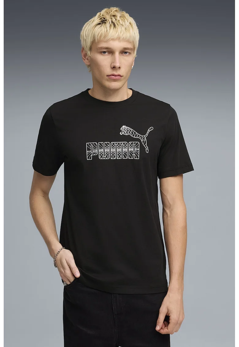 Tricou cu decolteu la baza gatului si imprimeu logo, Negru/Alb murdar