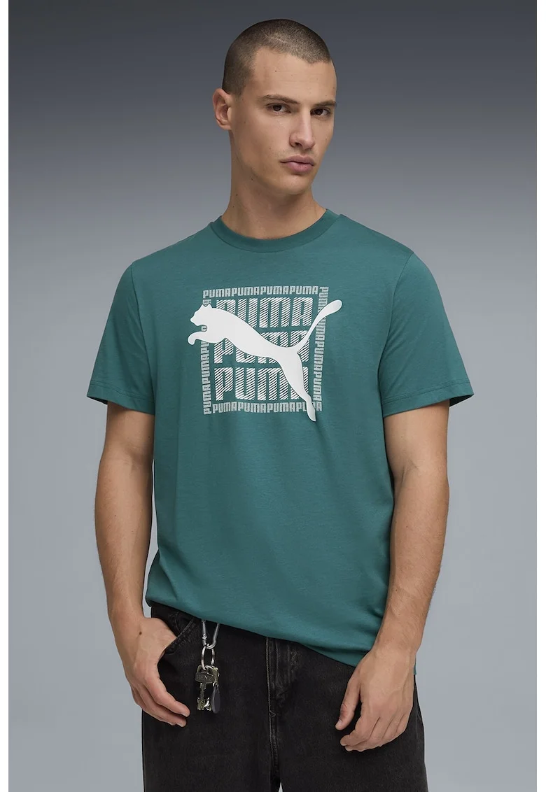 Tricou din bumbac cu imprimeu logo, Alb/Albastru petrol