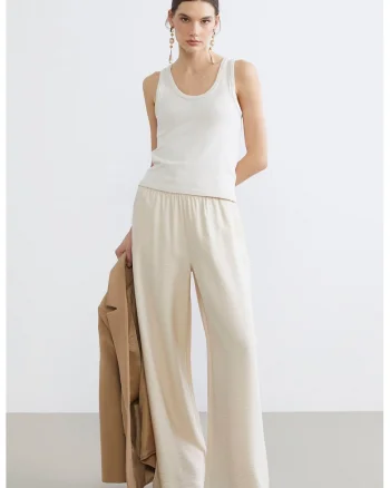 Pantaloni cu croiala ampla si talie elastica, Crem