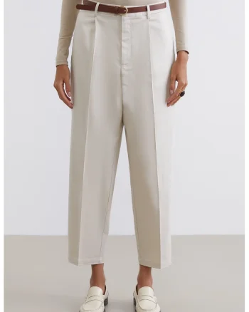 Pantaloni crop cu talie inalta, Alb murdar