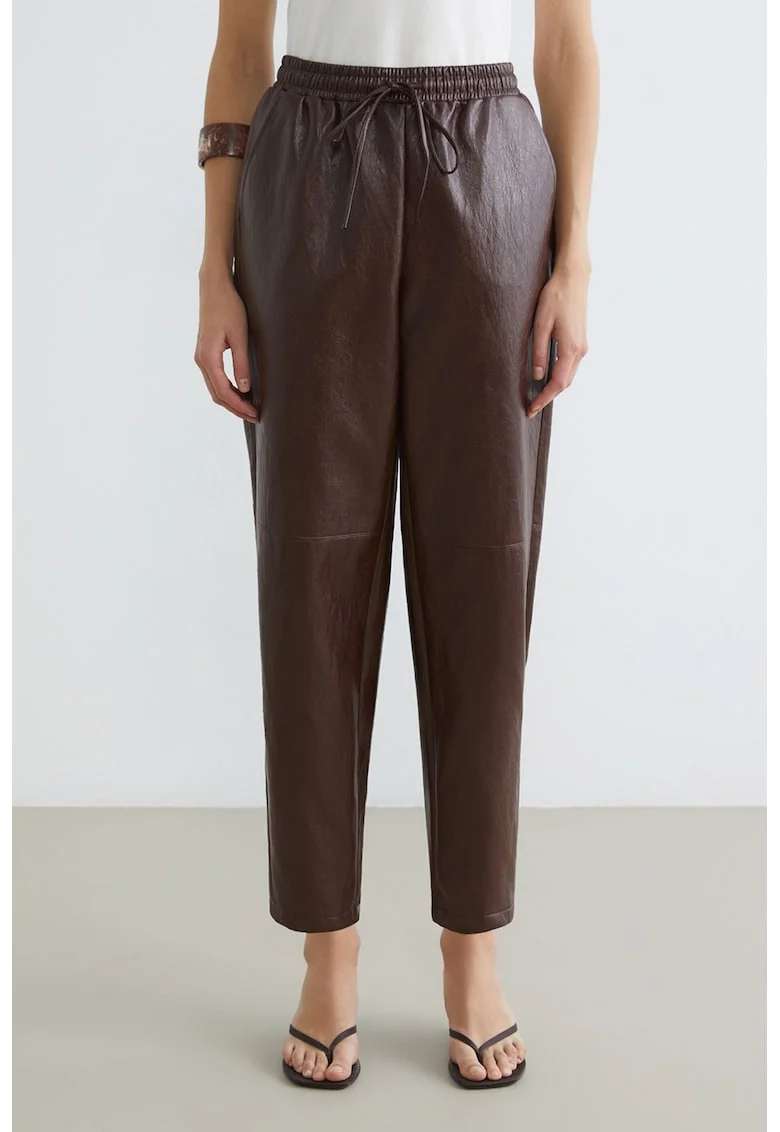 Pantaloni din piele ecologica cu talie ajustabila, Maro pamantiu