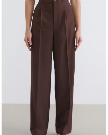 Pantaloni drepti cu talie inalta, Maro pamantiu