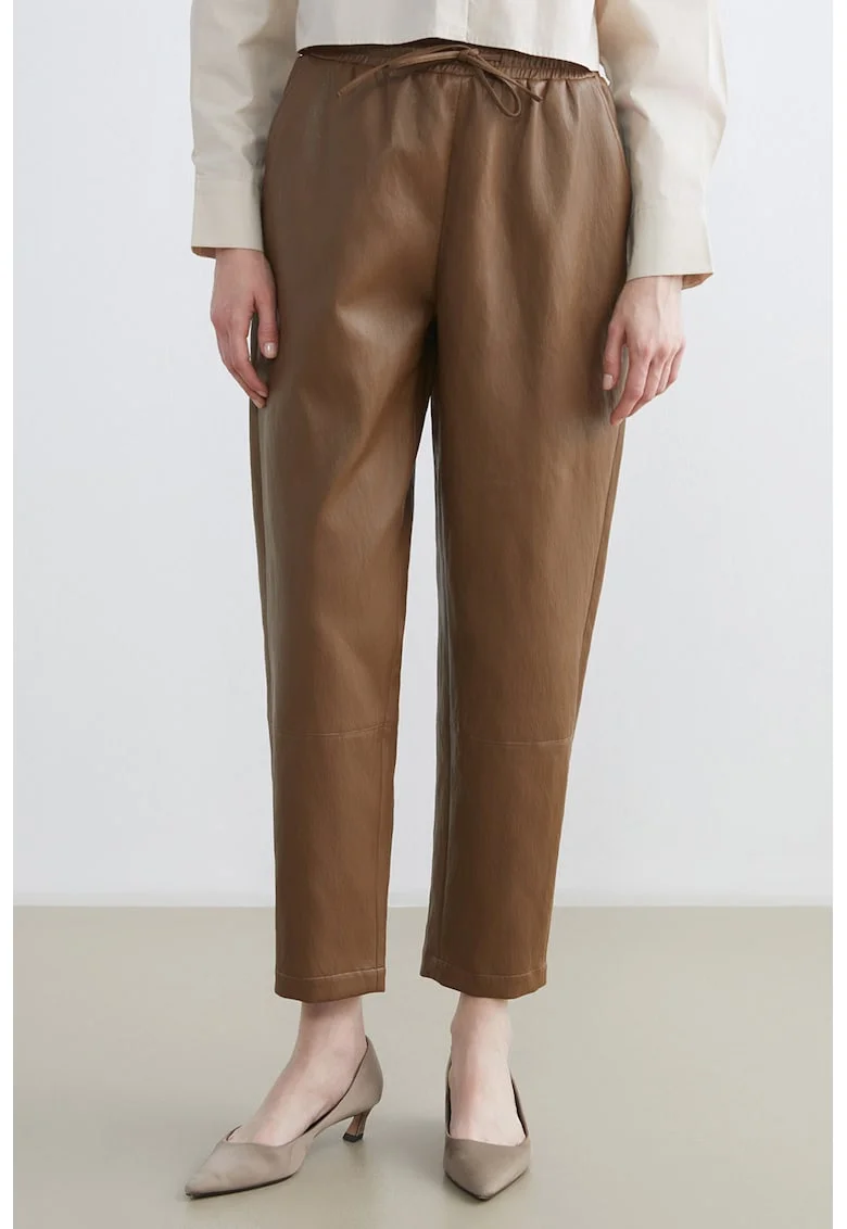 Pantaloni din piele ecologica cu talie ajustabila, Caramel