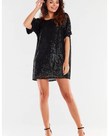 Rochie mini oversize cu paiete si maneca scurta,, Negru
