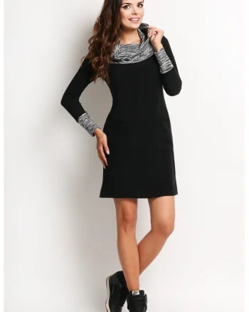Rochie lejera de zi cu maneci lungi si guler inalt,, Negru