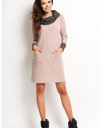 Rochie lejera de zi cu maneci lungi si guler inalt,, Bej