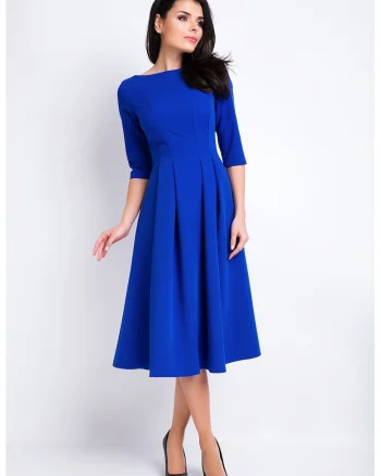 Rochie eleganta midi in clos office cu decolteu barca si maneci 3/4,, Albastru