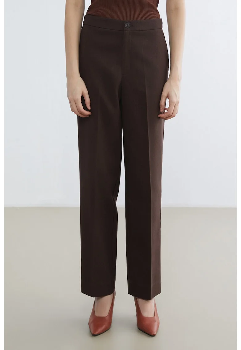 Pantaloni Chino din amestec de in cu croiala dreapta si pliuri, Maro pamantiu