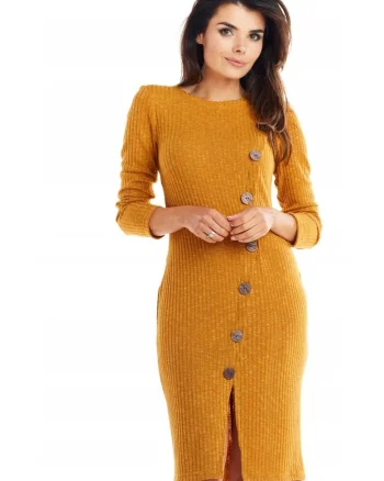 Rochie midi din tricot cu croiala asimetrica, crapatura si maneci lungi,, Galben mustar
