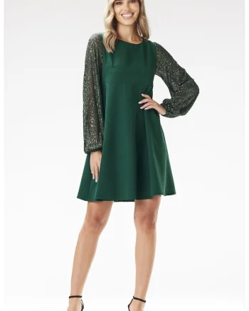 Rochie trapez mini cu maneci cu paiete,, Verde