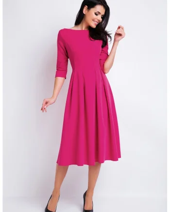 Rochie eleganta midi in clos office cu decolteu barca si maneci 3/4,, Roz