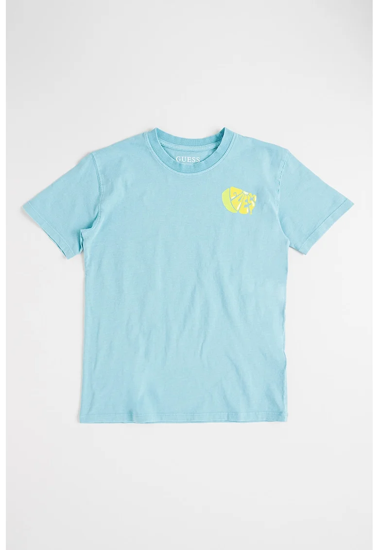 Tricou din bumbac cu aspect decolorat si imprimeu logo, Albastru aquamarin