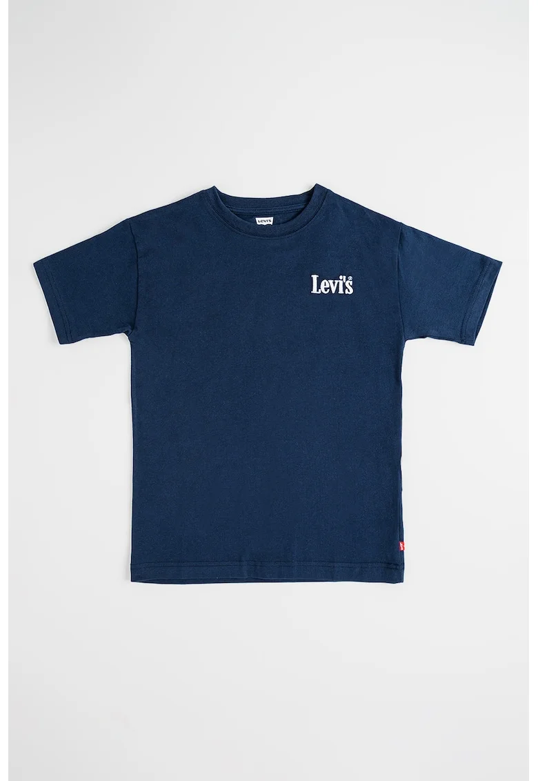 Tricou cu decolteu la baza gatului si imprimeu logo, Alb/Bleumarin