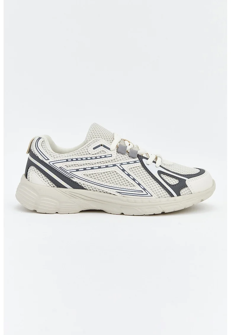 Pantofi sport de piele ecologica cu insertii de plasa, Alb fildes/Gri antracit