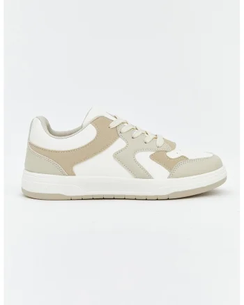 Pantofi sport low-cut din piele ecologica, Alb/Bej inchis