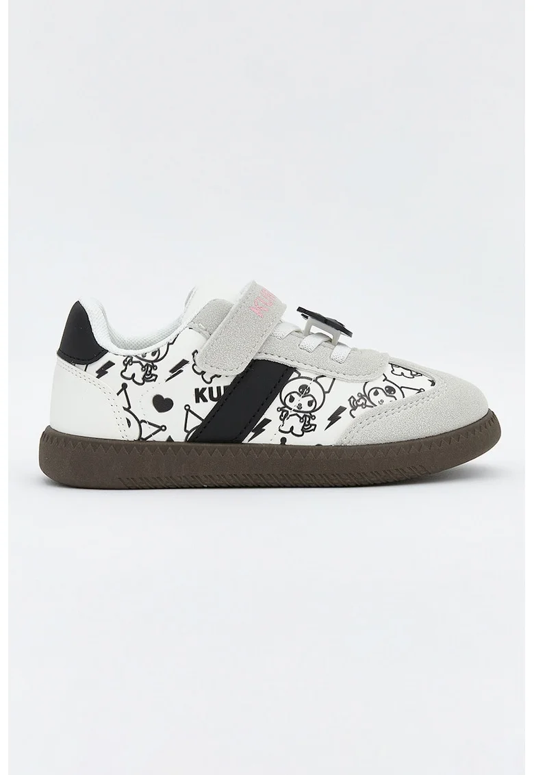 Pantofi sport low-cut cu model si garnituri din piele intoarsa ecologica, Alb/Negru/Gri deschis