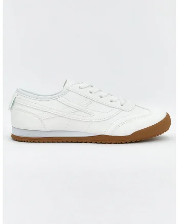 Pantofi sport din piele ecologica cu model uni si sireturi, Alb