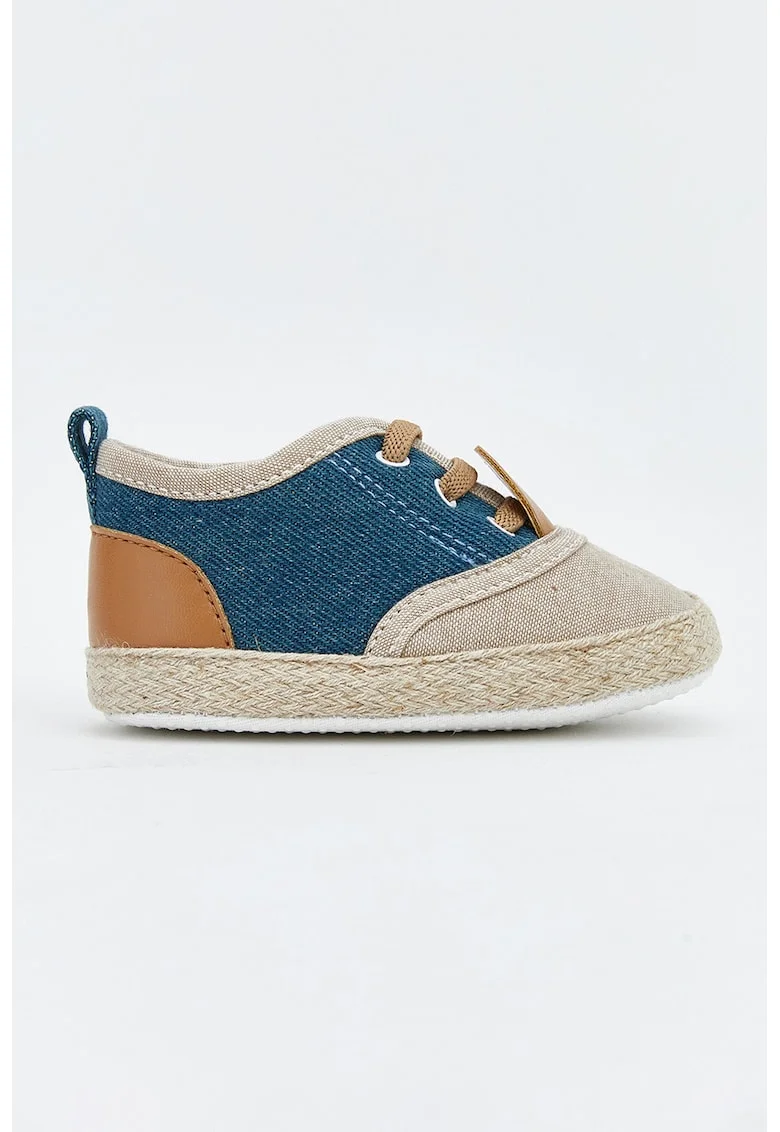 Pantofi crib din denim cu garnituri din piele ecologica, Maro taupe deschis/Albastru inchis melange