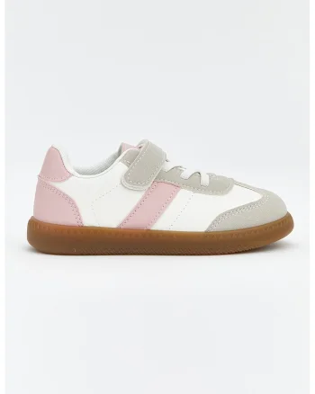 Pantofi sport din piele ecologica cu sireturi elastice, Alb/Roz pastel/Grej