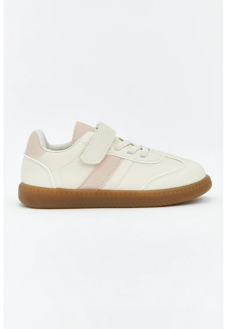 Pantofi sport din piele ecologica cu sireturi elastice, Alb fildes