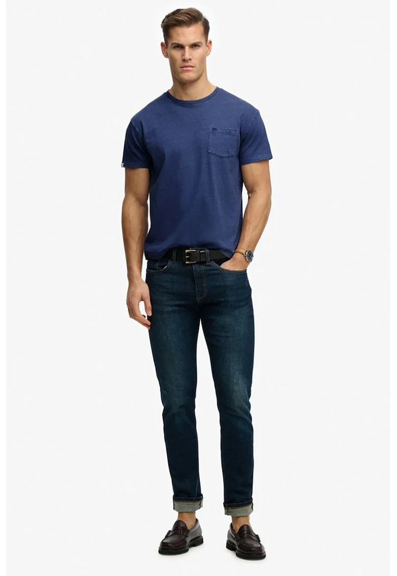 Tricou din bumbac si in cu model uni si buzunar aplicat, Albastru