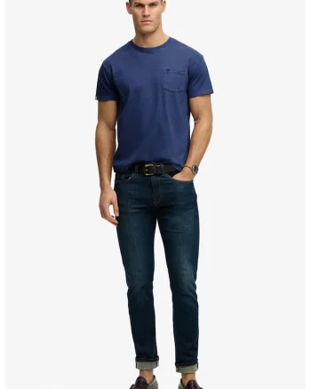 Tricou din bumbac si in cu model uni si buzunar aplicat, Albastru