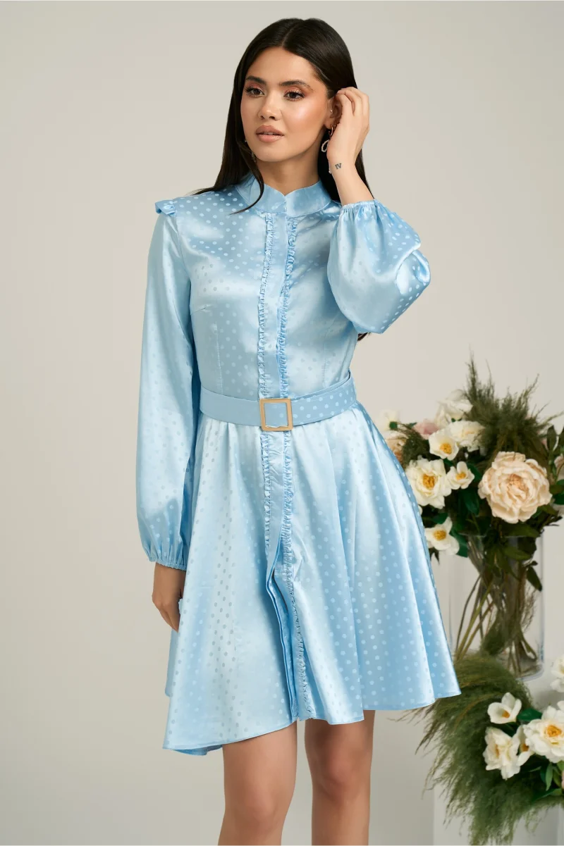 Rochie Dy Fashion bleu cu buline si curea in talie