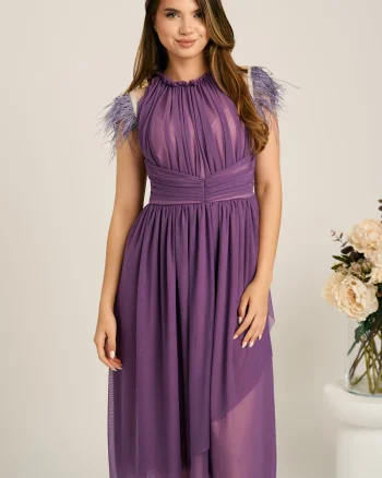 Rochie DY Fashion midi din tull mov in clos cu pene la umeri