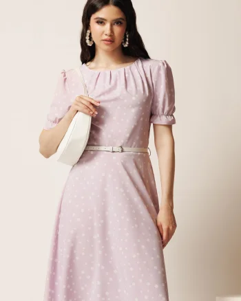 Rochie midi lila din viscoza in clos cu buline si curea in talie