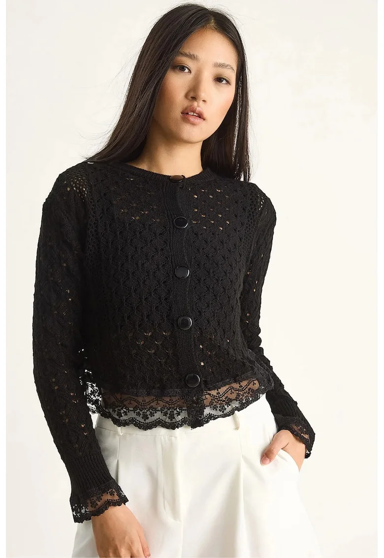 Pulover dama, HiCCUP, cardigan tricotat cu nasturi si detalii din dantela, negru, tricot,