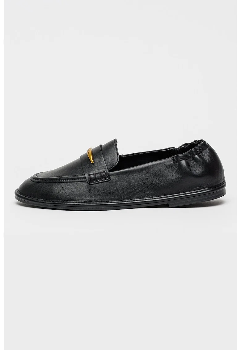 Pantofi loafer din piele intoarsa cu detaliu metalic, Negru