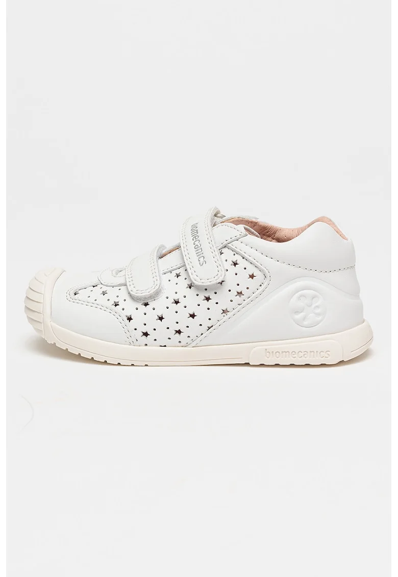 Pantofi sport de piele cu velcro si perforatii, Alb