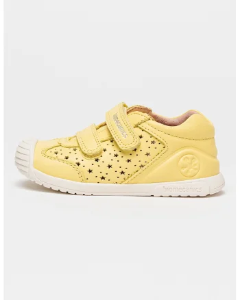 Pantofi sport de piele cu velcro si perforatii, Galben pai