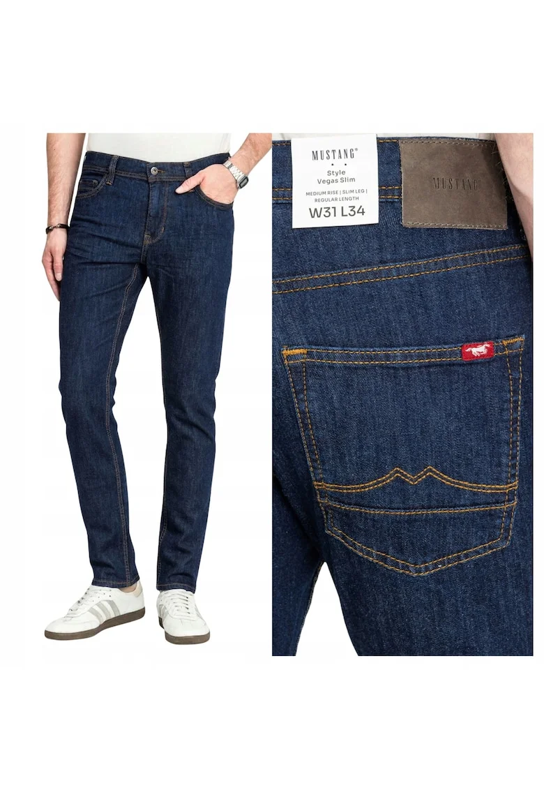 Blugi Barbati,  Vegas Slim, Slim Fit, Talie Medie, Lungi, 5 Buzunare, Fermoar, Bumbac, Albastru, Albastru
