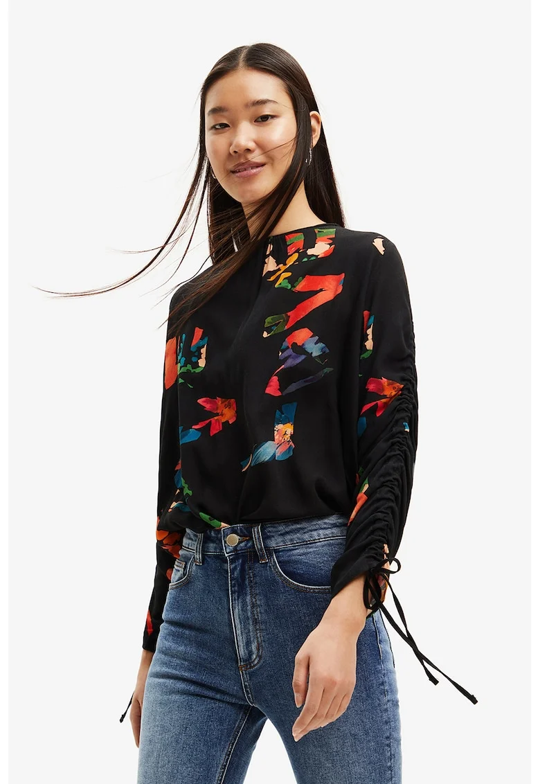 Bluza cu text si decolteu rotund, Negru/Portocaliu mandarina