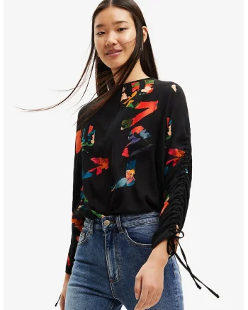 Bluza cu text si decolteu rotund, Negru/Portocaliu mandarina
