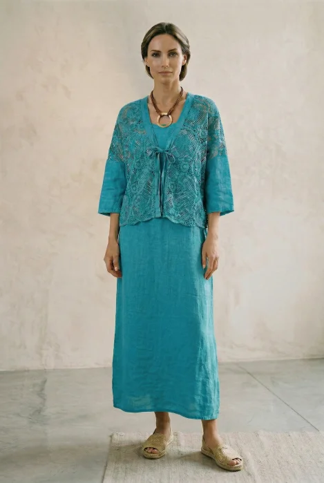 Compleu rochie lunga din in cu blazer dantelat si croi lejer boem elegant , turcoaz