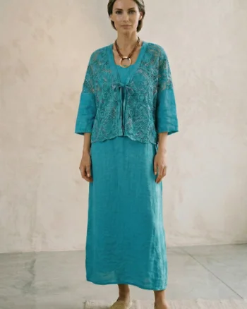 Compleu rochie lunga din in cu blazer dantelat si croi lejer boem elegant , turcoaz
