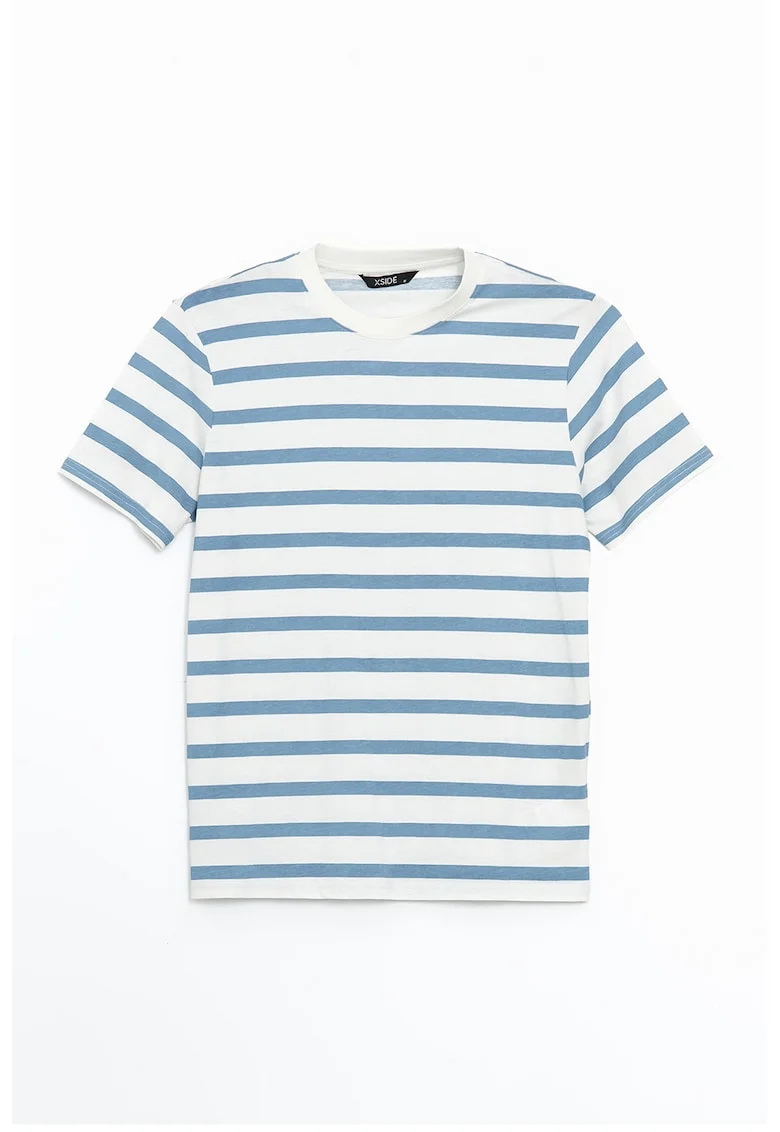 Tricou cu dungi si decolteu la baza gatului, Alb/Albastru