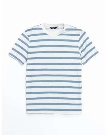 Tricou cu dungi si decolteu la baza gatului, Alb/Albastru