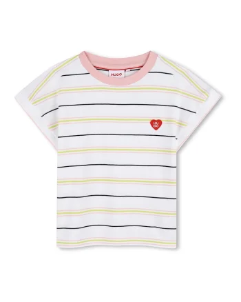 Tricou de bumbac cu model in dungi, Alb/Galben/Roz