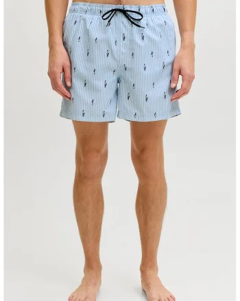 Pantaloni scurti de baie cu model si buzunare, Albastru pastel