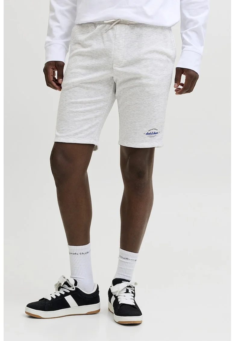 Pantaloni scurti de trening cu logo, Negru stins/Gri deschis melange