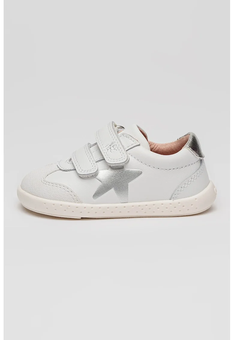 Pantofi sport de piele cu velcro si imprimeu cu stele, Alb optic/Argintiu