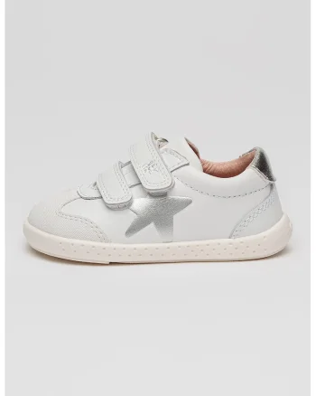 Pantofi sport de piele cu velcro si imprimeu cu stele, Alb optic/Argintiu